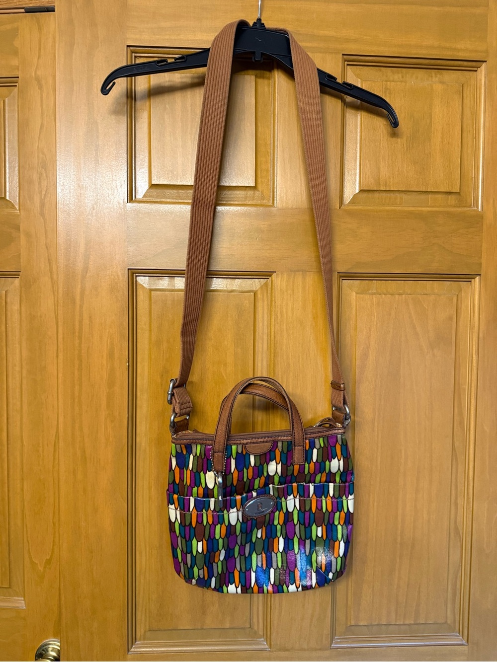Fossil Multicolor Pattern Crossbody Bag with Brown Trim